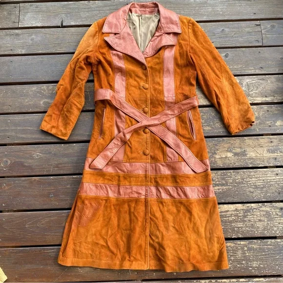 Vintage leather suede longline coat rusty orange patchwork - Picture 1 of 8